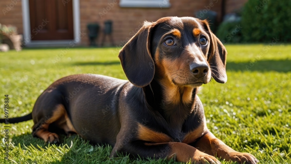 Chocolate and tan smooth haired dachshund dog lying outside in the garden Chocolate and tan smooth haired dachshund dog lying outside in the garden