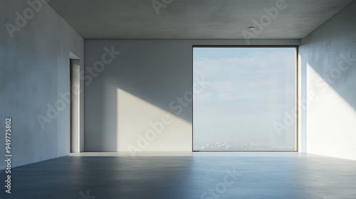 Empty, minimalist room with a large window letting in soft light, creating a calm and contemplative atmosphere of silent reverie. photo