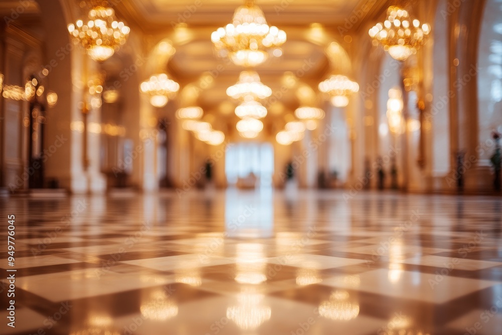Blurred background of a luxury hotel lobby with chandeliers and a shiny marble floor Blurred background of a luxury hotel lobby with chandeliers and a shiny marble floor