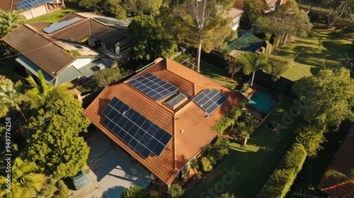 Aerial view of house with solar panels on the roof