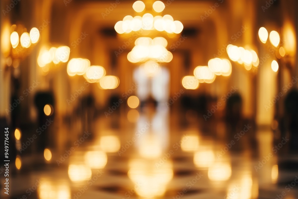 Blurred background of a luxury hotel lobby with chandeliers and a shiny marble floor Blurred background of a luxury hotel lobby with chandeliers and a shiny marble floor