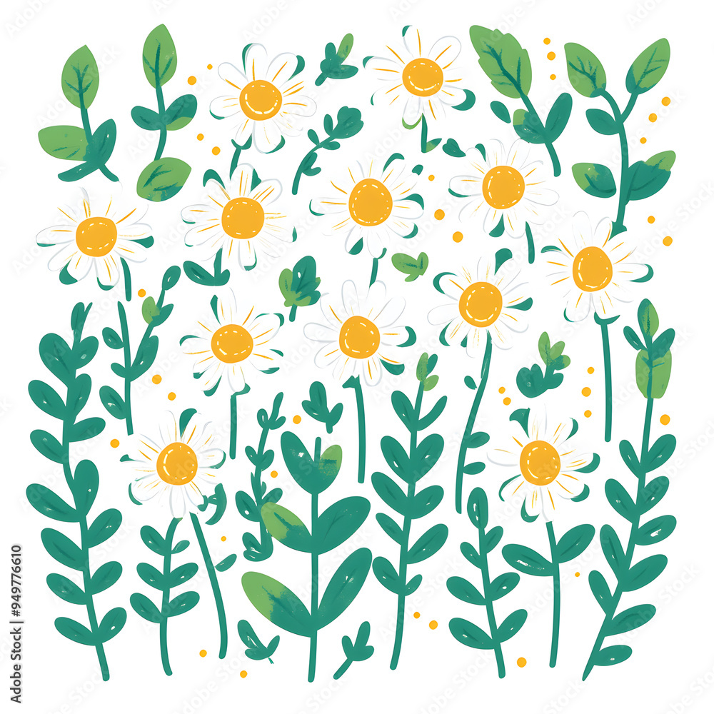2D illustrator doodle-style floral and leaf graphics on a white background or wallpaper 2D illustrator doodle-style floral and leaf graphics on a white background or wallpaper