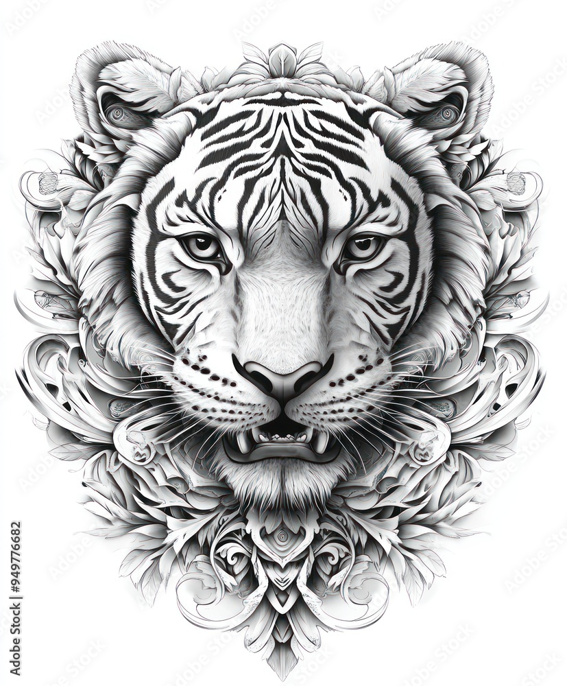 A detailed illustration of a tiger's head surrounded by ornate floral designs. A detailed illustration of a tiger's head surrounded by ornate floral designs.