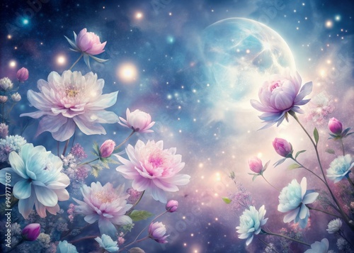 Ethereal Celestial Bloom: capturing whimsical floral patterns under moonlight with soft focus, pastel hues, and subtle starry textures, evoking serene dreaminess.