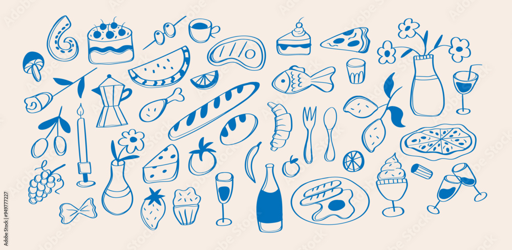 Set of abstract blue food for menu in trendy doodle style. Breakfast drawn background. Isolated objects in italian style. Wine glass, croissant on isolated background Set of abstract blue food for menu in trendy doodle style. Breakfast drawn background. Isolated objects in italian style. Wine glass, croissant on isolated background