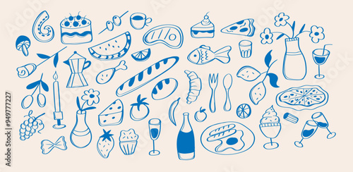 Set of abstract blue food for menu in trendy doodle style. Breakfast drawn background. Isolated objects in italian style. Wine glass, croissant on isolated background