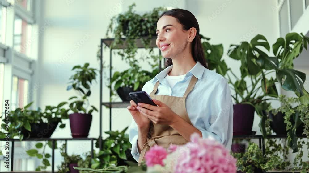 Happy florist in an apron stands in her flower shop surrounded by plants and flowers, smiling down at her phone. Girl swipes and types as she manages her business. Happy florist in an apron stands in her flower shop surrounded by plants and flowers, smiling down at her phone. Girl swipes and types as she manages her business.