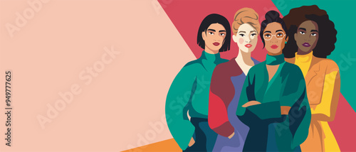 Women of different skin colors, nationalities and religions stand together. International Women's Day. Movements for gender equality and women's empowerment for advertising, website. Vector banner.