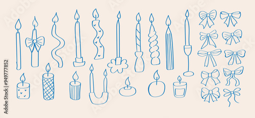 Trendy blue candles and bow set in different forms in doodle outline style. Festive hand-drawn collection candlelight and candlestick.