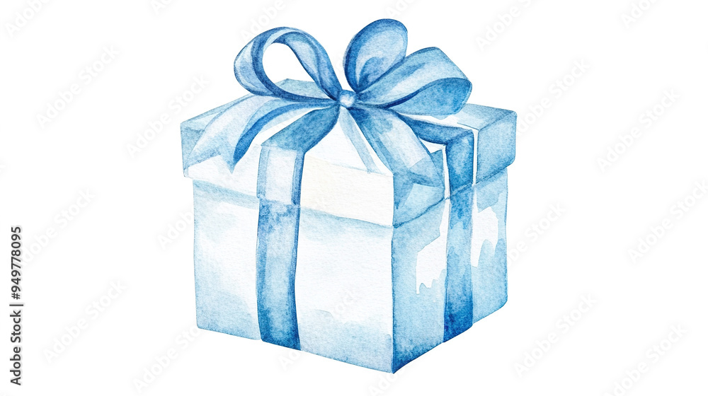 Obraz premium Watercolor Illustration of a Blue Gift with a Striped Ribbon, Showcasing Delicate Brushstrokes and Soft Colors. 