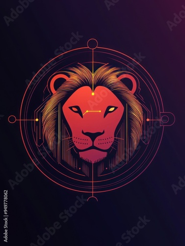 A stylized illustration of a lion's head with vibrant colors and geometric elements. photo