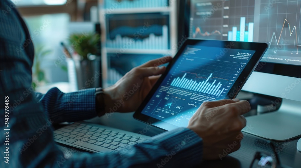 Male businessman using a tablet and computer to analysis graph company financial in office. Male businessman using a tablet and computer to analysis graph company financial in office.