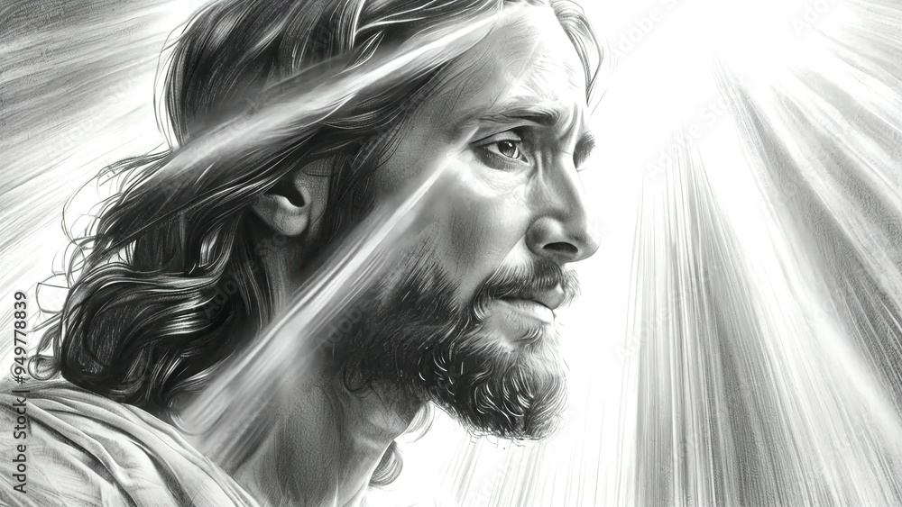 Fototapeta premium Jesus Christ face portrait in pencil sketch style with radiant light rays close-up detailed black and white new beautiful stock image illustration AI