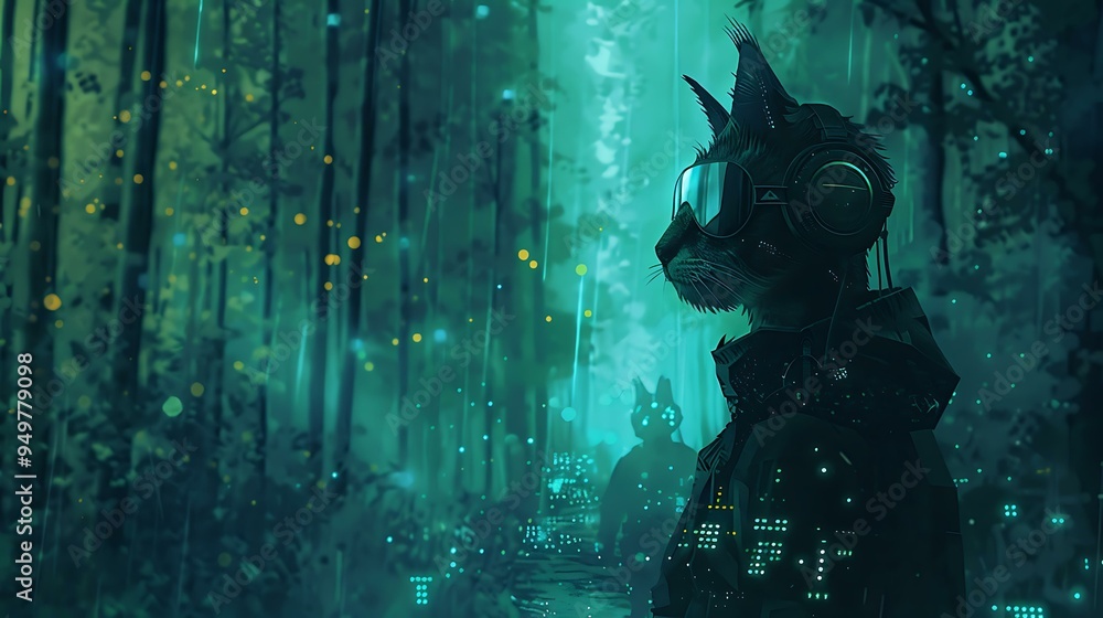Fototapeta premium A futuristic fantasy character with a sleek cat head, sunglasses, and headphones, walking through a digital forest with pixelated trees and glowing pathways.