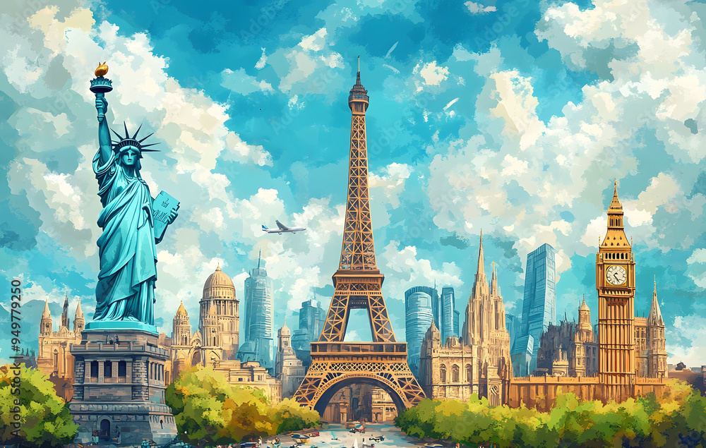 Fototapeta premium Illustration of a trip around the world, featuring famous landmarks on a globe. The artwork showcases various iconic monuments and creates a world travel background.