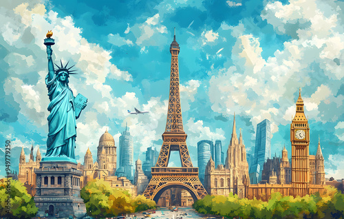 Illustration of a trip around the world, featuring famous landmarks on a globe. The artwork showcases various iconic monuments and creates a world travel background.