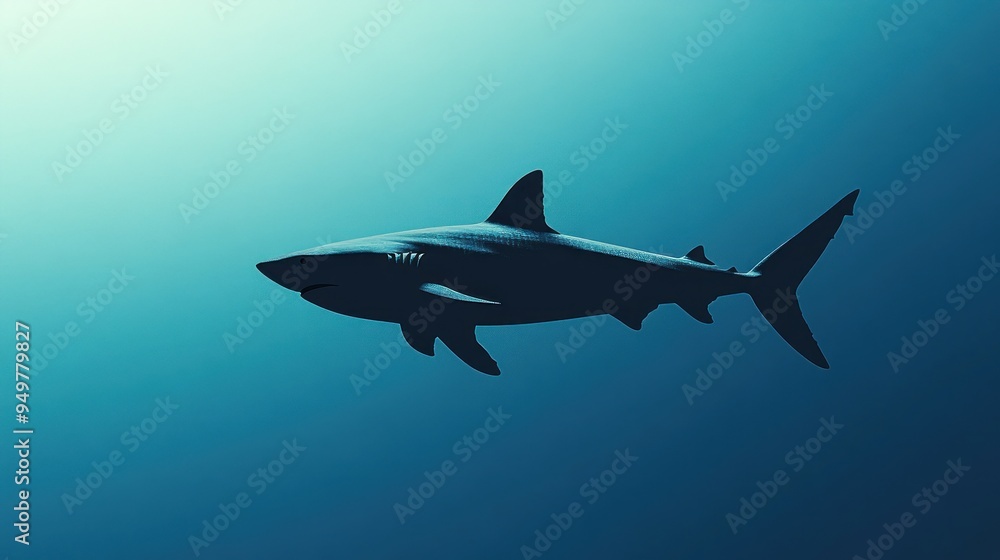 Silhouetted Shark Swimming in Deep Blue Ocean Silhouetted Shark Swimming in Deep Blue Ocean