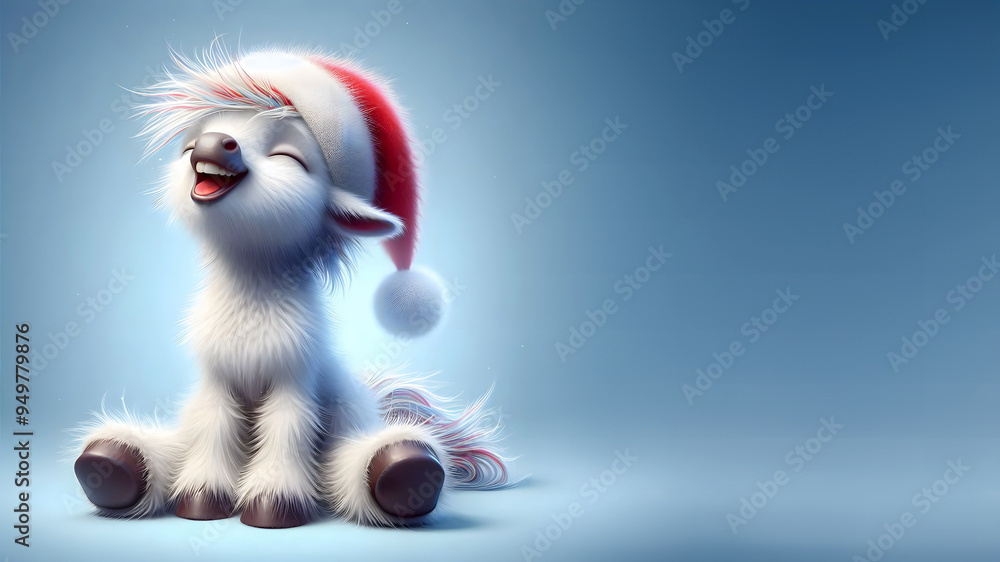 A whimsical illustration of a horse wearing a Christmas hat, banner, card, copy space for text, isolated on a blue background A whimsical illustration of a horse wearing a Christmas hat, banner, card, copy space for text, isolated on a blue background