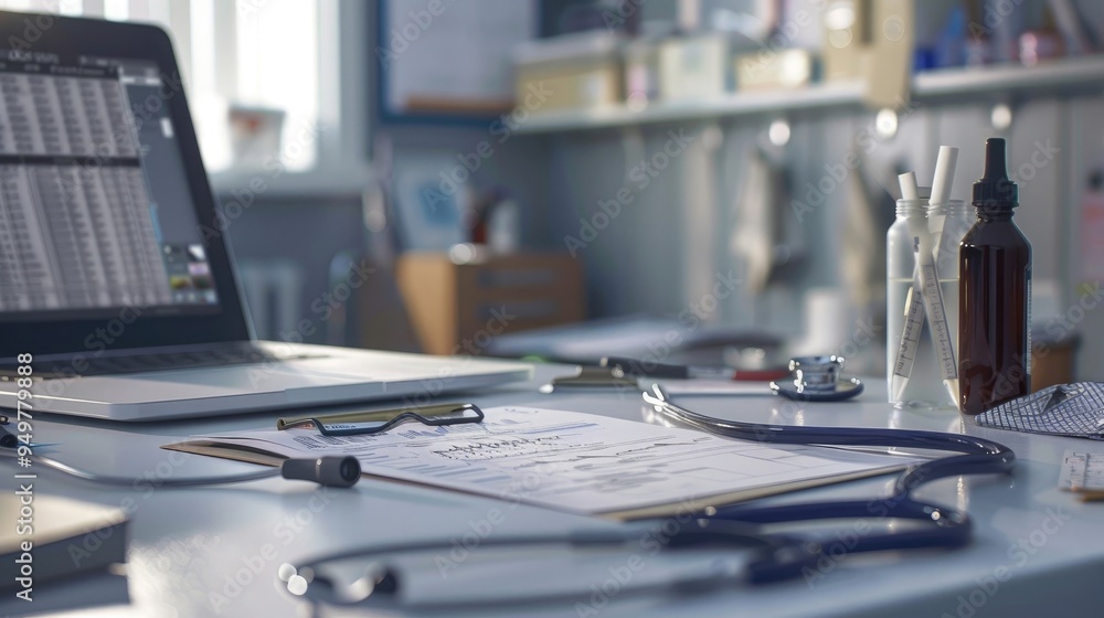 Medical Office: Close-up of Doctor's Desk with Stethoscope, Medical Charts, and Prescription Pad Medical Office: Close-up of Doctor's Desk with Stethoscope, Medical Charts, and Prescription Pad