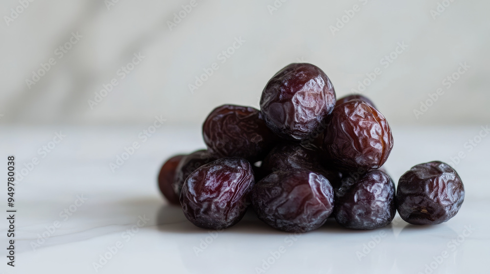 A cluster of dried dates laid out on a white kitchen table. A cluster of dried dates laid out on a white kitchen table.