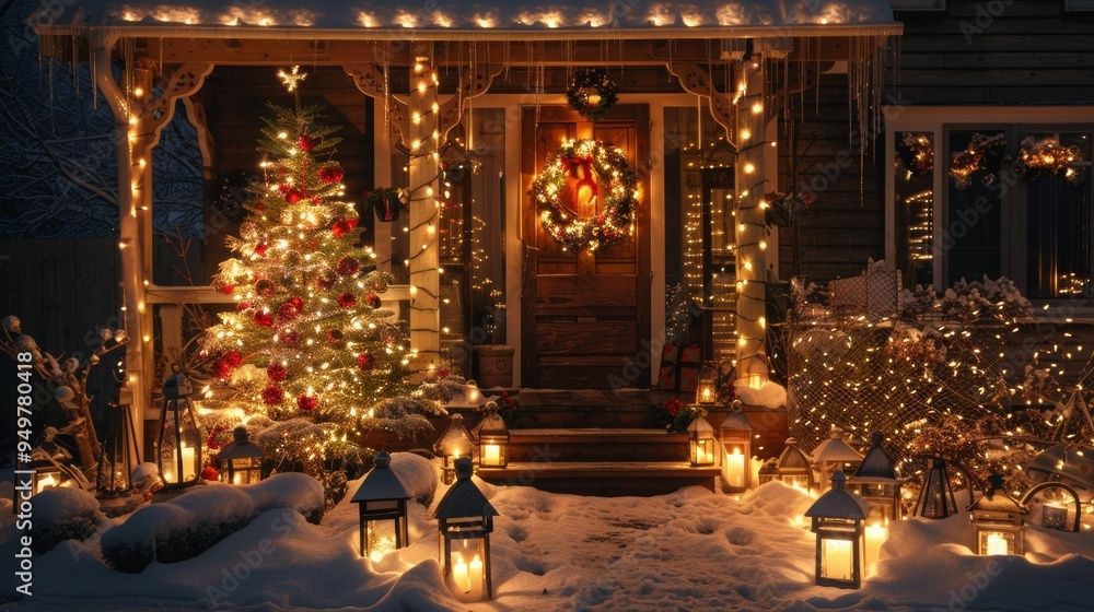 Charming Outdoor Christmas Display with Twinkling Lights, Decorated Tree, and Festive Lanterns Charming Outdoor Christmas Display with Twinkling Lights, Decorated Tree, and Festive Lanterns