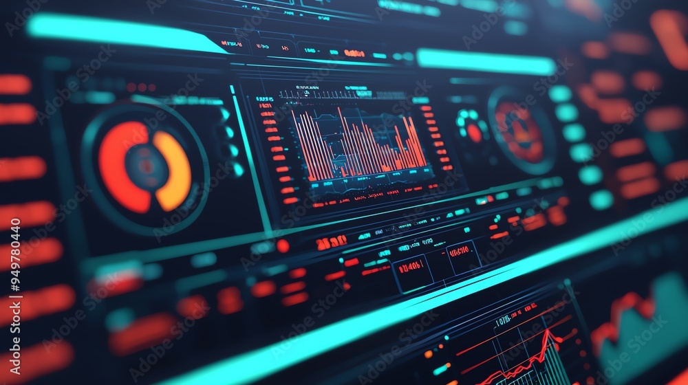 Trend analysis, futuristic screens with dynamic data, 3D illustration Trend analysis, futuristic screens with dynamic data, 3D illustration