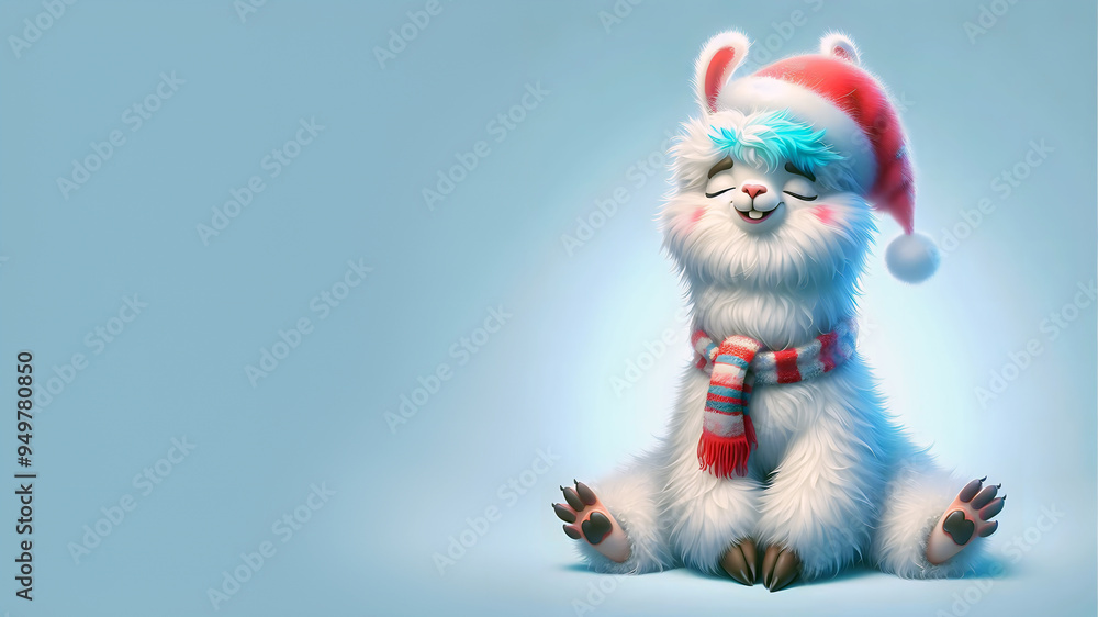 A whimsical illustration of a llama wearing a Christmas hat, banner, card, copy space for text, isolated on a blue background A whimsical illustration of a llama wearing a Christmas hat, banner, card, copy space for text, isolated on a blue background