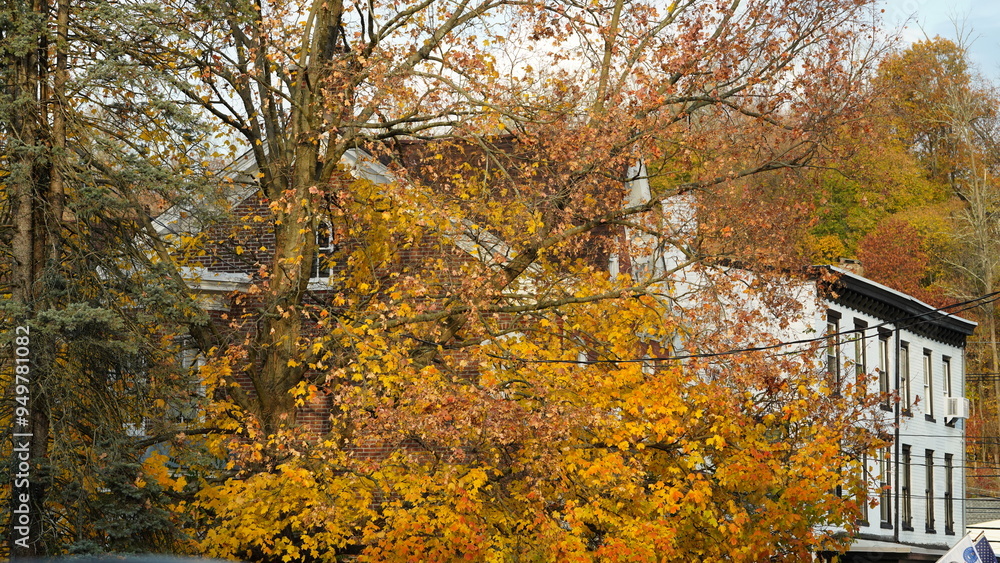 The beautiful little town landscape with the colorful autumn leaves and old buildings in USA The beautiful little town landscape with the colorful autumn leaves and old buildings in USA