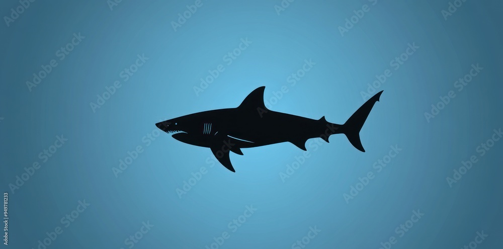 Black Silhouette of a Shark Swimming in Blue Water Black Silhouette of a Shark Swimming in Blue Water