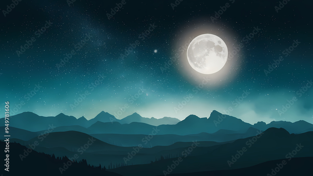 An illustration of a starry night with a full moon casting a soft glow over distant mountain silhouettes An illustration of a starry night with a full moon casting a soft glow over distant mountain silhouettes