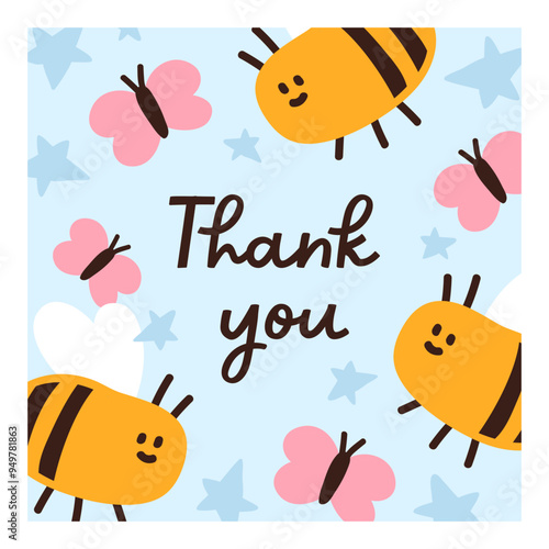 Cute Thank You card design with funny bee, bumblebee and butterfly. Kawaii do...