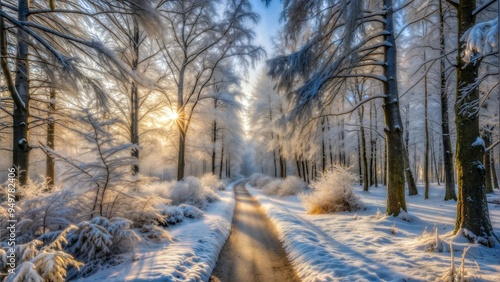 Snowy Path Through a Winter Forest at Sunrise 