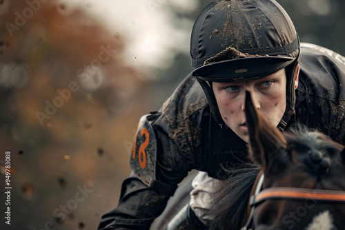 Generative AI photo image of person who ride horse, equestrian professional sport profession