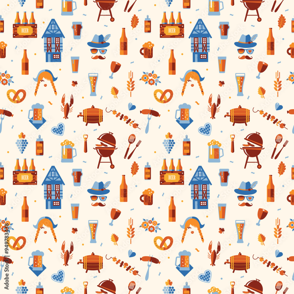 Obraz premium Oktoberfest seamless surface pattern. Beer festival icon pattern design on light background.