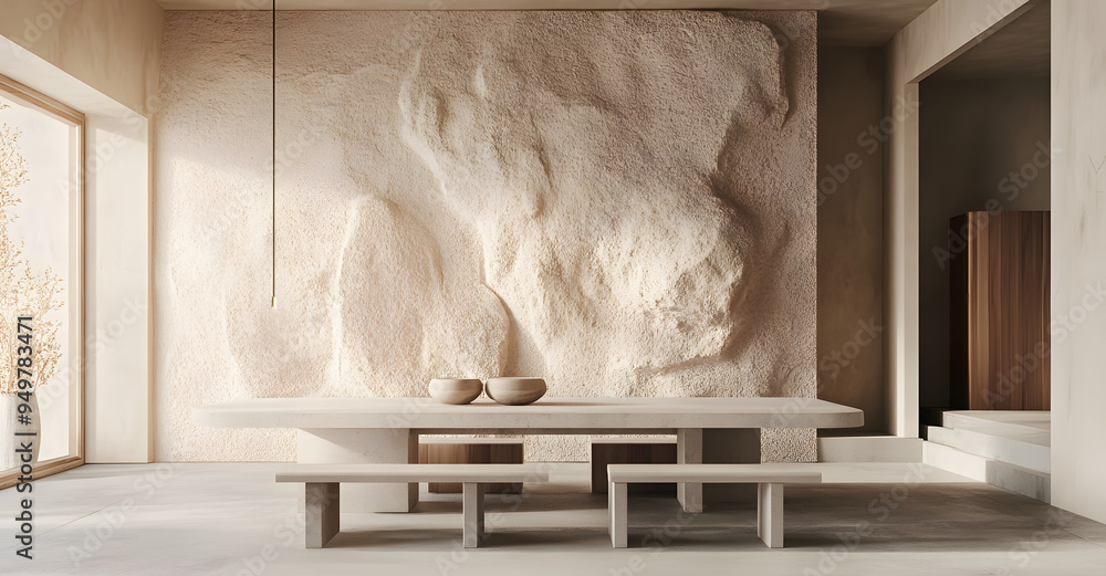 A Wall with a Beige Color and Texture Behind a Dining Table, Creating a Warm and Cozy Atmosphere, Ideal for Representing Themes of Home Decor, Interior Design, and Comfort, Highlighting the Subtle Ele A Wall with a Beige Color and Texture Behind a Dining Table, Creating a Warm and Cozy Atmosphere, Ideal for Representing Themes of Home Decor, Interior Design, and Comfort, Highlighting the Subtle Ele
