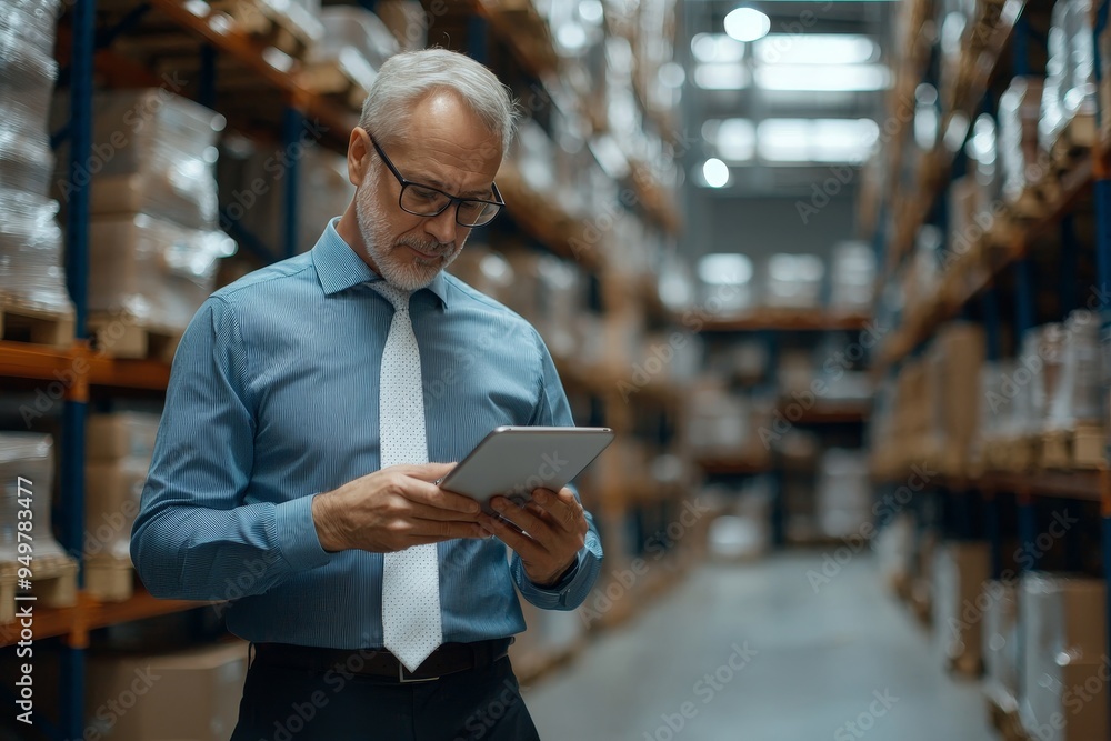 Accounting and bookkeeping in warehouses. An older man checks his statements for the presence of goods using a tablet computer. Accounting and bookkeeping in warehouses. An older man checks his statements for the presence of goods using a tablet computer.