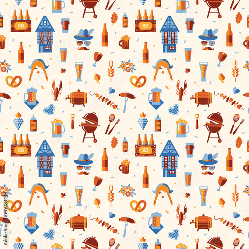 Oktoberfest seamless surface pattern. Beer festival icon pattern design on light background.