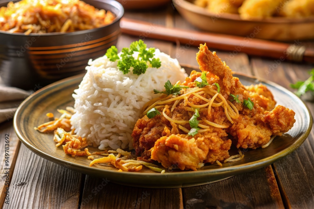 Golden morning light cascades on crispy fried onions, succulent chicken, and fluffy rice, evoking warm nostalgia, comfort food, and satisfying indulgence. Golden morning light cascades on crispy fried onions, succulent chicken, and fluffy rice, evoking warm nostalgia, comfort food, and satisfying indulgence.