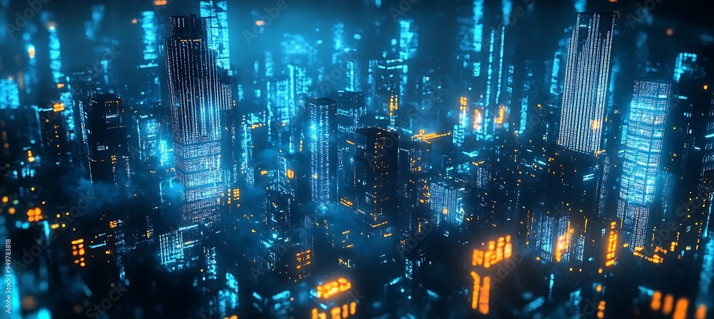 Fototapeta premium A futuristic city with towering skyscrapers and digital holograms