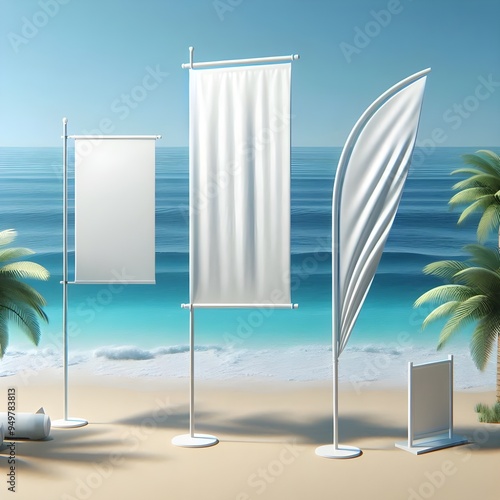 Realistic beach flags, white banner stand isolated 3d vector mockup. Rectangular, feather and tear-drop shaped blank canvas for showcasing branding identity and messages in outdoor seaside setting photo