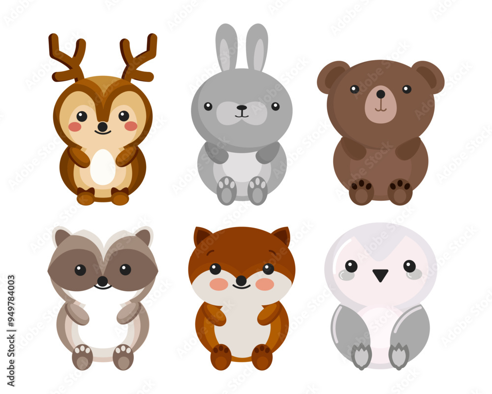 Set of cute animal characters, bear, hare, deer, penguin, badger. Illustration, children's print, postcard, vector Set of cute animal characters, bear, hare, deer, penguin, badger. Illustration, children's print, postcard, vector