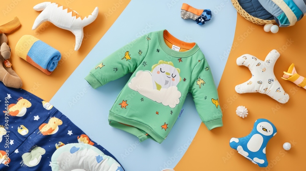 Green baby sweatshirt with cartoon cloud and star design, flat lay with colorful toys. Green baby sweatshirt with cartoon cloud and star design, flat lay with colorful toys.