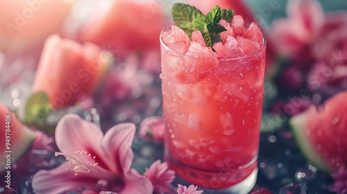 Vibrant watermelon mint cooler served in frosty glass closeup image. Refreshing summer vibe. Fruity floral beverage close up photography. Dreamy mocktail concept photo realistic photo