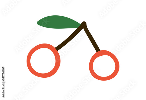 Cherry pair in simple doodle style. Two berries on stem, branch. Summer fruit...
