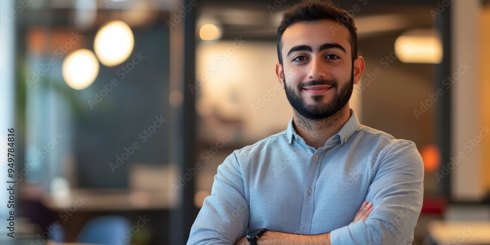 Smiling man in blue shirt with arms crossed. Smiling man in blue shirt with arms crossed.