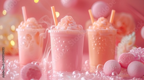 Pink milkshake trio with whipped cream and bubbles closeup image. Cute dreamy beverages served in plastic cups with straws close up photography. Kawaii cafe concept photo realistic