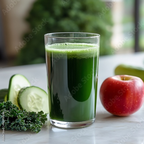 Glass of green juice with kale cucumber and apples on a kitchen counter