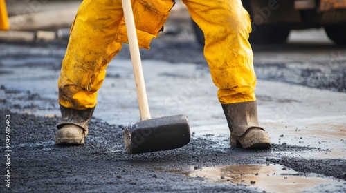 Uses a rubber hammer Male worker in yellow colored uniform have job with pavement