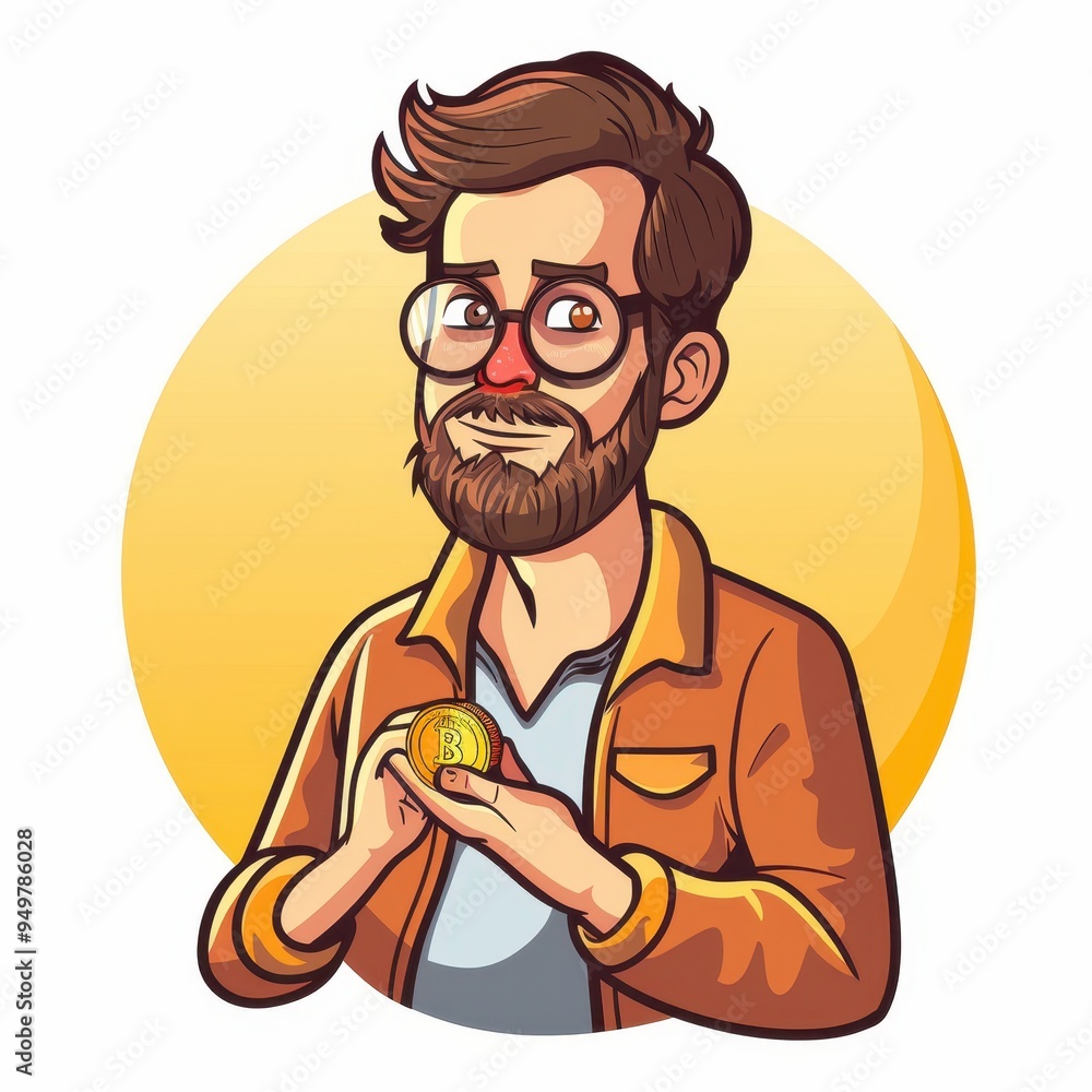 Man Holding Bitcoin: A cartoon illustration of a man with glasses and a beard holding a Bitcoin in his hand, against a yellow circle background, perfect for cryptocurrency, blockchain, finance Man Holding Bitcoin: A cartoon illustration of a man with glasses and a beard holding a Bitcoin in his hand, against a yellow circle background, perfect for cryptocurrency, blockchain, finance