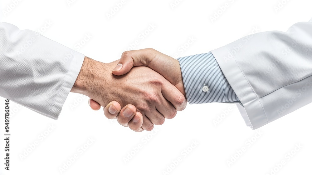 The hands of a healthcare professional and scientist are shaking on a white background Closeup: Stock The hands of a healthcare professional and scientist are shaking on a white background Closeup: Stock